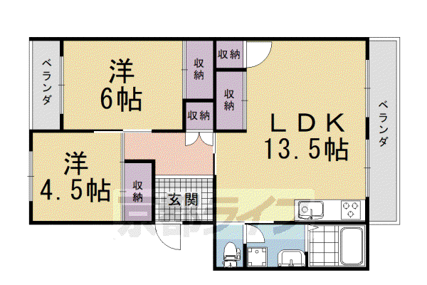 阪急電鉄京都線 西向日駅 徒歩38分 5階建 築38年(2LDK/4階)の間取り写真