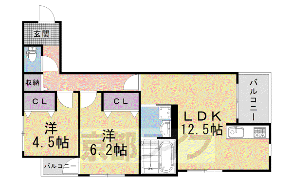 京都市東西線 太秦天神川駅 徒歩10分 3階建 新築(2LDK/2階)の間取り写真