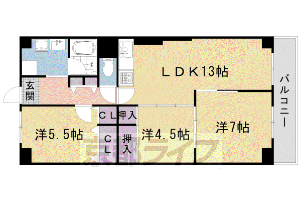 阪急電鉄京都線 西京極駅 徒歩7分 11階建 築48年(3LDK/7階)の間取り写真