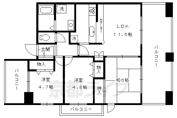 東海道本線 西大路駅 徒歩10分 10階建 築26年(3LDK/6階)の間取り写真