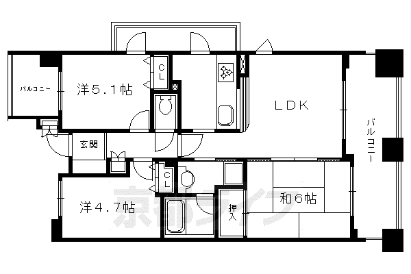 東海道本線 西大路駅 徒歩10分 10階建 築26年(3LDK/1階)の間取り写真