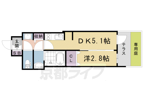 京福嵐山本線 蚕ノ社駅 徒歩4分 5階建 築1年(1DK/1階)の間取り写真