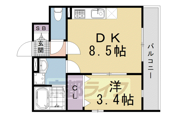 近鉄京都線 近鉄丹波橋駅 徒歩3分 3階建 築1年(1DK/2階)の間取り写真