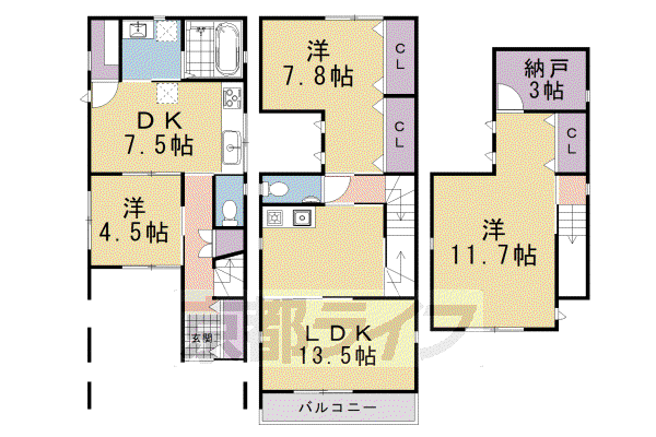 京都市烏丸線 北大路駅 徒歩22分 3階建 築9年(3SLDK)の間取り写真