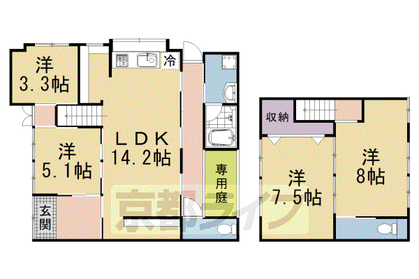 山陰本線 二条駅 徒歩8分 2階建 築77年(4LDK)の間取り写真