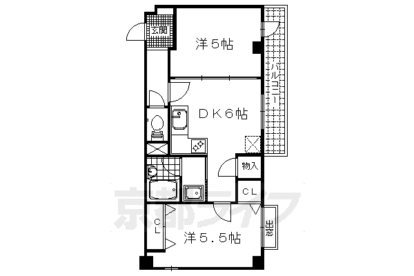 山陰本線 二条駅 徒歩10分 6階建 築38年(2DK/1階)の間取り写真