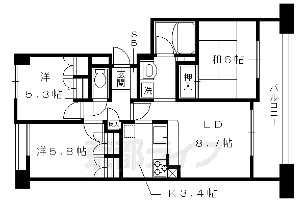 阪急電鉄京都線 西院駅(阪急) 徒歩13分 6階建 築24年(3LDK/5階)の間取り写真