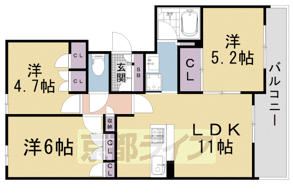 阪急電鉄京都線 西院駅(阪急) 徒歩13分 6階建 築24年(3LDK/5階)の間取り写真