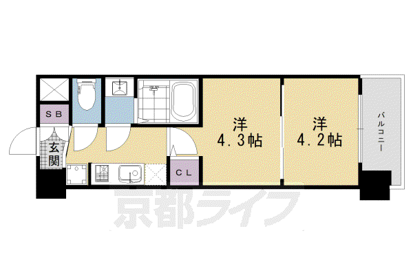 東海道本線 京都駅 徒歩10分 7階建 新築(2K/4階)の間取り写真