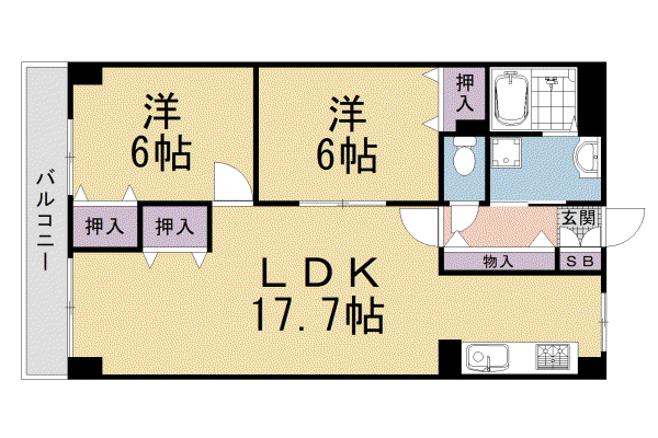 京都市東西線 太秦天神川駅 徒歩6分 6階建 築27年(2LDK/3階)の間取り写真