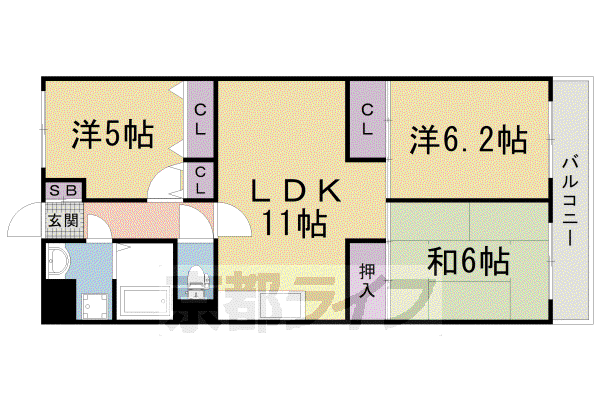 阪急電鉄嵐山線 松尾大社駅 徒歩19分 5階建 築32年(3LDK/2階)の間取り写真