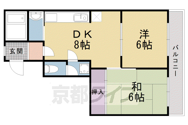 山陰本線 花園駅(京都) 徒歩4分 3階建 築37年(2DK/3階)の間取り写真