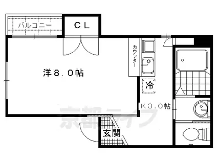 京福北野線 北野白梅町駅 徒歩5分 6階建 築23年(1K/4階)の間取り写真