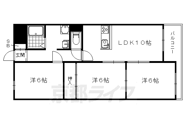 阪急電鉄京都線 西京極駅 徒歩4分 6階建 築42年(3LDK/3階)の間取り写真