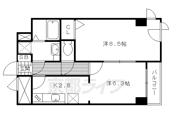 京都市烏丸線 五条駅(京都市営) 徒歩3分 14階建 築35年(2K/4階)の間取り写真