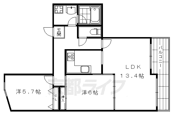 京都市烏丸線 五条駅(京都市営) 徒歩6分 10階建 築36年(2LDK/7階)の間取り写真