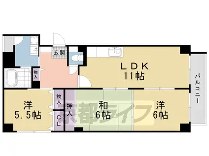 山陰本線 二条駅 徒歩1分 10階建 築26年(3LDK/8階)の間取り写真