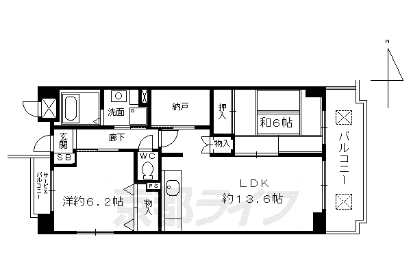 山陰本線 二条駅 徒歩3分 10階建 築23年(2LDK/1階)の間取り写真