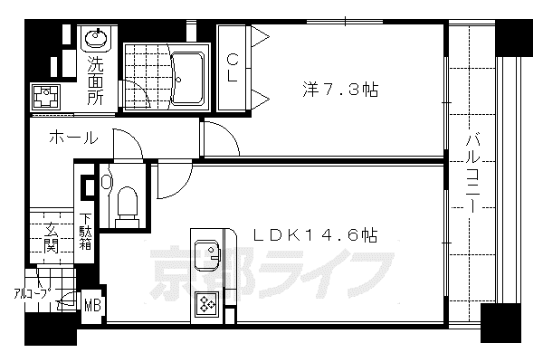 京都市東西線 京都市役所前駅 徒歩6分 7階建 築20年(1LDK/3階)の間取り写真