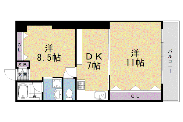 阪急電鉄京都線 京都河原町駅 徒歩8分 5階建 築38年(2DK/5階)の間取り写真