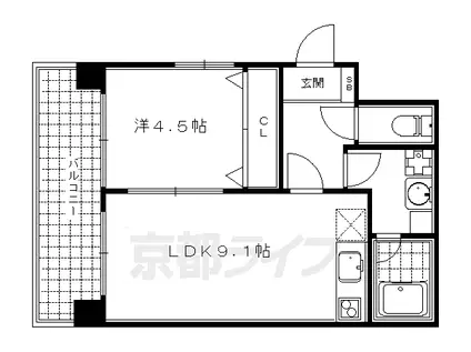 京都市烏丸線 烏丸御池駅 徒歩5分 5階建 築17年(1LDK/2階)の間取り写真