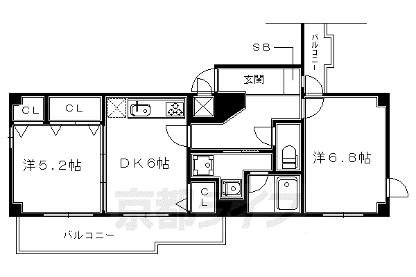 ライオンズマンション聚楽二条(2DK/11階)の間取り写真