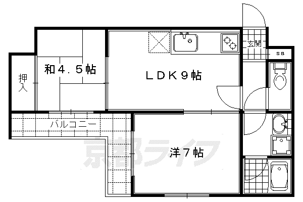 京都市烏丸線 今出川駅 徒歩5分 4階建 築35年(2LDK/3階)の間取り写真