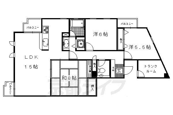 京福北野線 北野白梅町駅 徒歩13分 5階建 築34年(3LDK/4階)の間取り写真