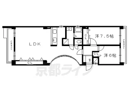 京都市烏丸線 北大路駅 徒歩18分 3階建 築35年(2LDK/3階)の間取り写真