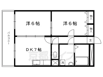 京都市烏丸線 北大路駅 徒歩19分 4階建 築34年(2DK/4階)の間取り写真