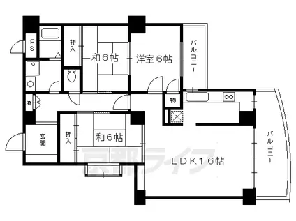 京阪電気鉄道宇治線 観月橋駅 徒歩6分 7階建 築35年(3LDK/6階)の間取り写真