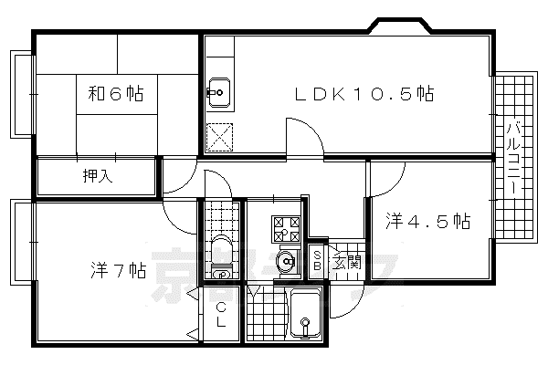 奈良線 木幡駅(JR) 徒歩6分 2階建 築33年(3LDK/1階)の間取り写真