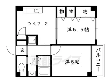 近鉄京都線 伏見駅(京都) 徒歩15分 5階建 築33年(2DK/2階)の間取り写真
