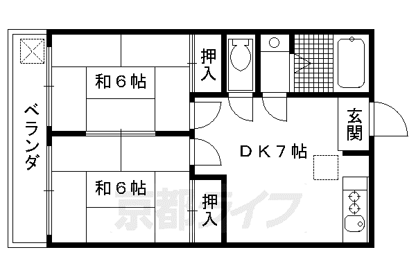 近鉄京都線 伏見駅(京都) 徒歩1分 2階建 築43年(2DK/2階)の間取り写真