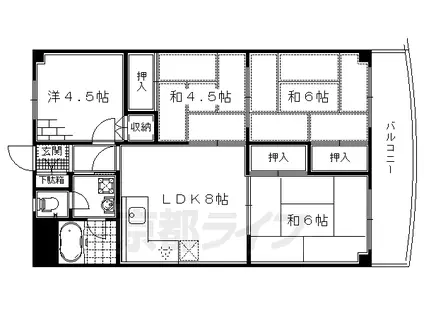 京都市烏丸線 くいな橋駅 徒歩8分 11階建 築52年(4DK/6階)の間取り写真