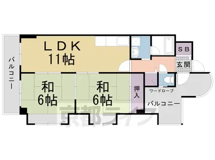 東海道本線 桂川駅(京都) 徒歩9分 6階建 築33年(2LDK/6階)の間取り写真
