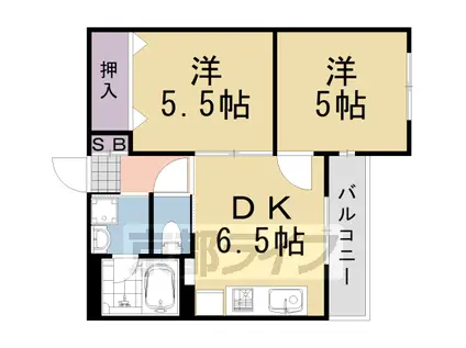 阪急電鉄嵐山線 上桂駅 徒歩10分 2階建 築27年(2DK/1階)の間取り写真