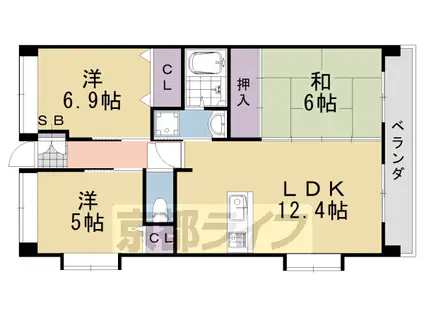 阪急電鉄嵐山線 上桂駅 徒歩10分 6階建 築24年(3LDK/6階)の間取り写真