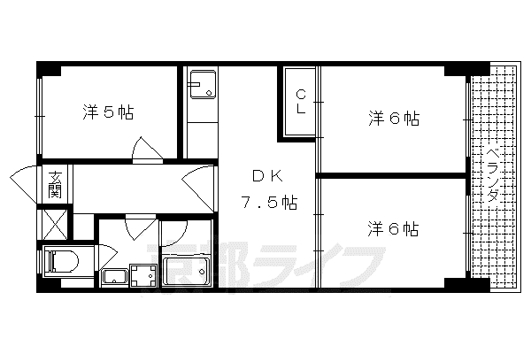 京都市東西線 山科駅 徒歩6分 6階建 築39年(3DK/3階)の間取り写真