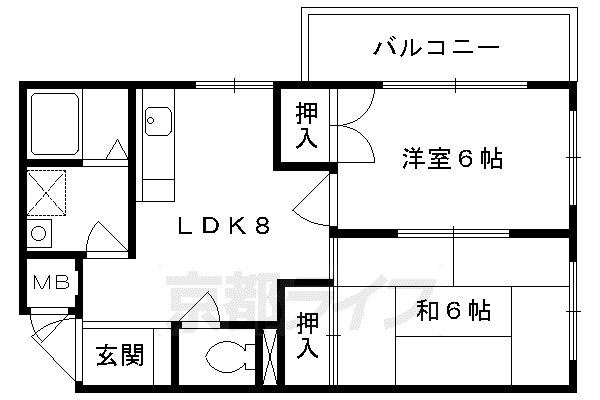 東海道本線 山科駅 徒歩9分 3階建 築31年(2LDK/2階)の間取り写真