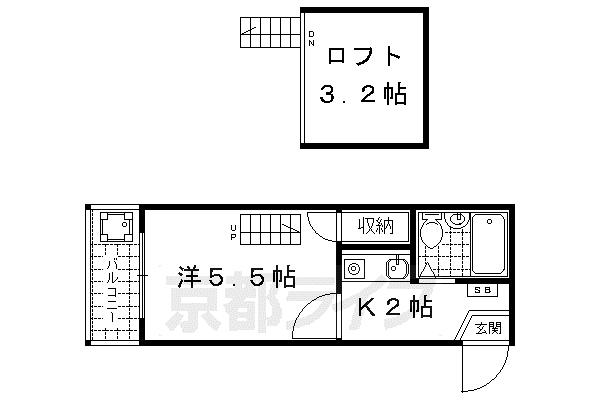 京都市東西線 椥辻駅 徒歩6分 2階建 築38年(1K/2階)の間取り写真