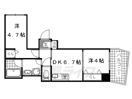 京都市東西線 小野駅(京都) 徒歩1分 6階建 築6年(2DK/2階)の間取り写真