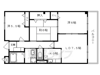 京都市東西線 石田駅(京都市営) 徒歩20分 4階建 築26年(3LDK/2階)の間取り写真