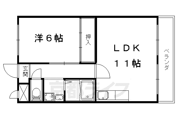 京都市東西線 椥辻駅 徒歩21分 6階建 築47年(1LDK/4階)の間取り写真