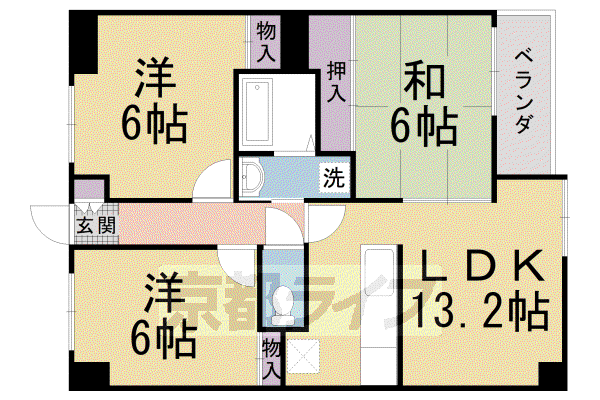 東海道本線 桂川駅(京都) 徒歩5分 6階建 築30年(3LDK/2階)の間取り写真