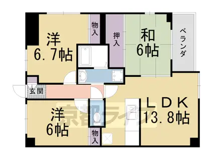 東海道本線 桂川駅(京都) 徒歩5分 6階建 築29年(3LDK/4階)の間取り写真
