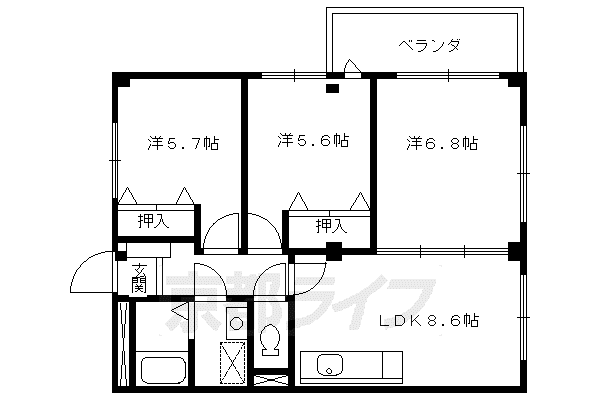 阪急電鉄京都線 長岡天神駅 徒歩9分 3階建 築26年(3LDK/1階)の間取り写真