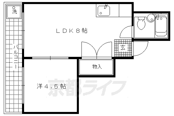 京福北野線 北野白梅町駅 徒歩8分 5階建 築38年(1LDK/4階)の間取り写真