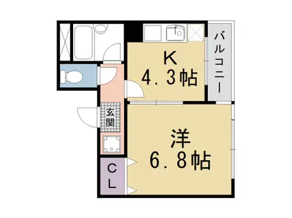 山陰本線 丹波口駅 徒歩7分 6階建 築37年(1K/6階)の間取り写真