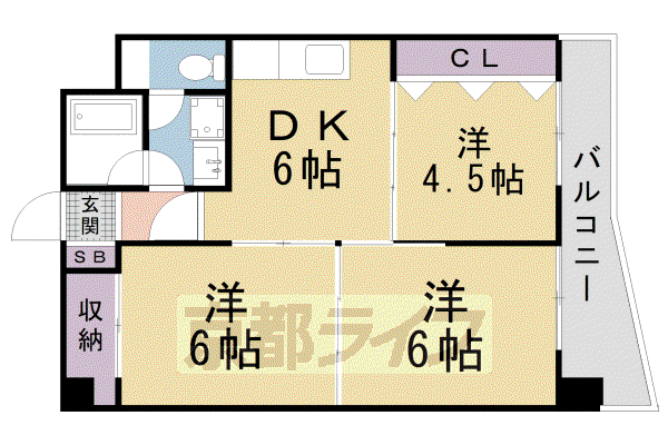 京阪電気鉄道宇治線 観月橋駅 徒歩3分 7階建 築37年(3DK/2階)の間取り写真